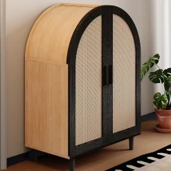 Meuble à chaussures 100 cm portes en rotin ajouré, 2 portes, 3 étagères réglables, métal noir bois naturel