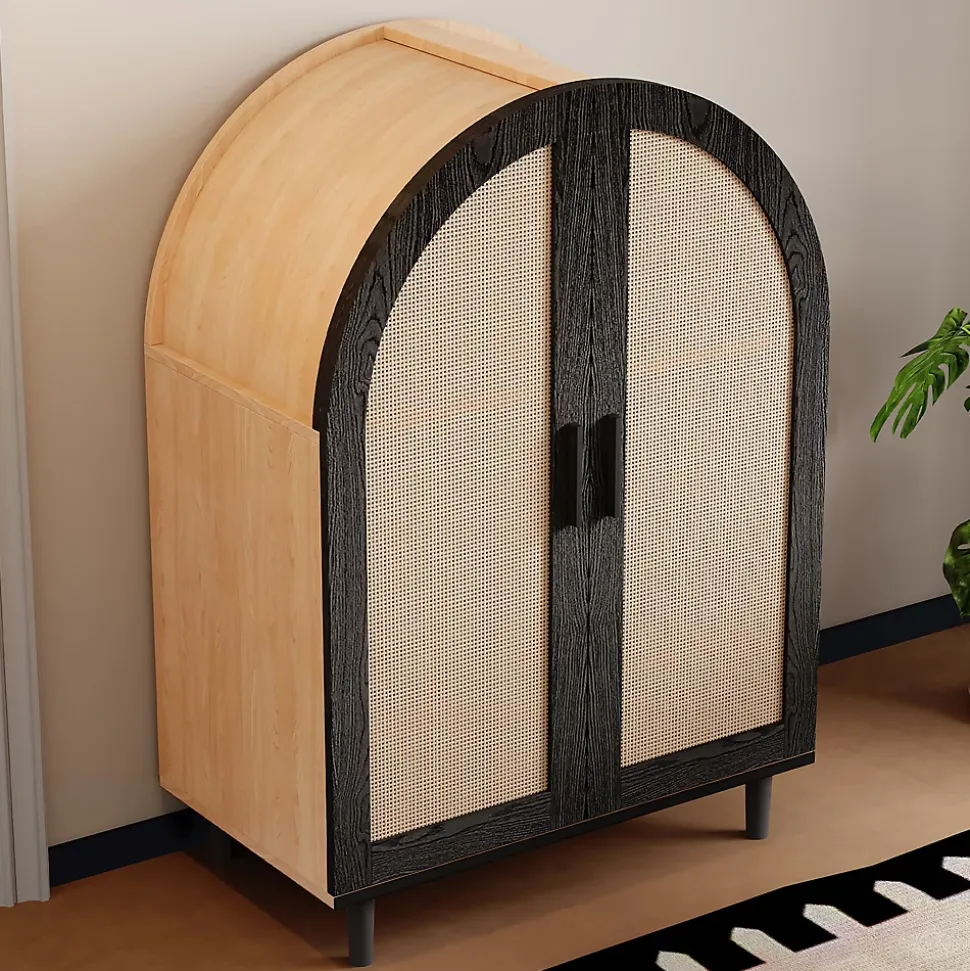 Meuble à chaussures 100 cm portes en rotin ajouré, 2 portes, 3 étagères réglables, métal noir bois naturel