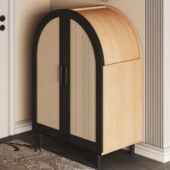 Meuble à chaussures 100 cm portes en rotin ajouré, 2 portes, 3 étagères réglables, métal noir bois naturel