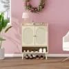 Meuble à chaussures à deux portes, aspect bois naturel et rotin tressé, rangement pratique pour entrée et couloir