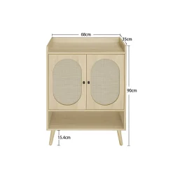 Meuble à chaussures à deux portes, aspect bois naturel et rotin tressé, rangement pratique pour entrée et couloir