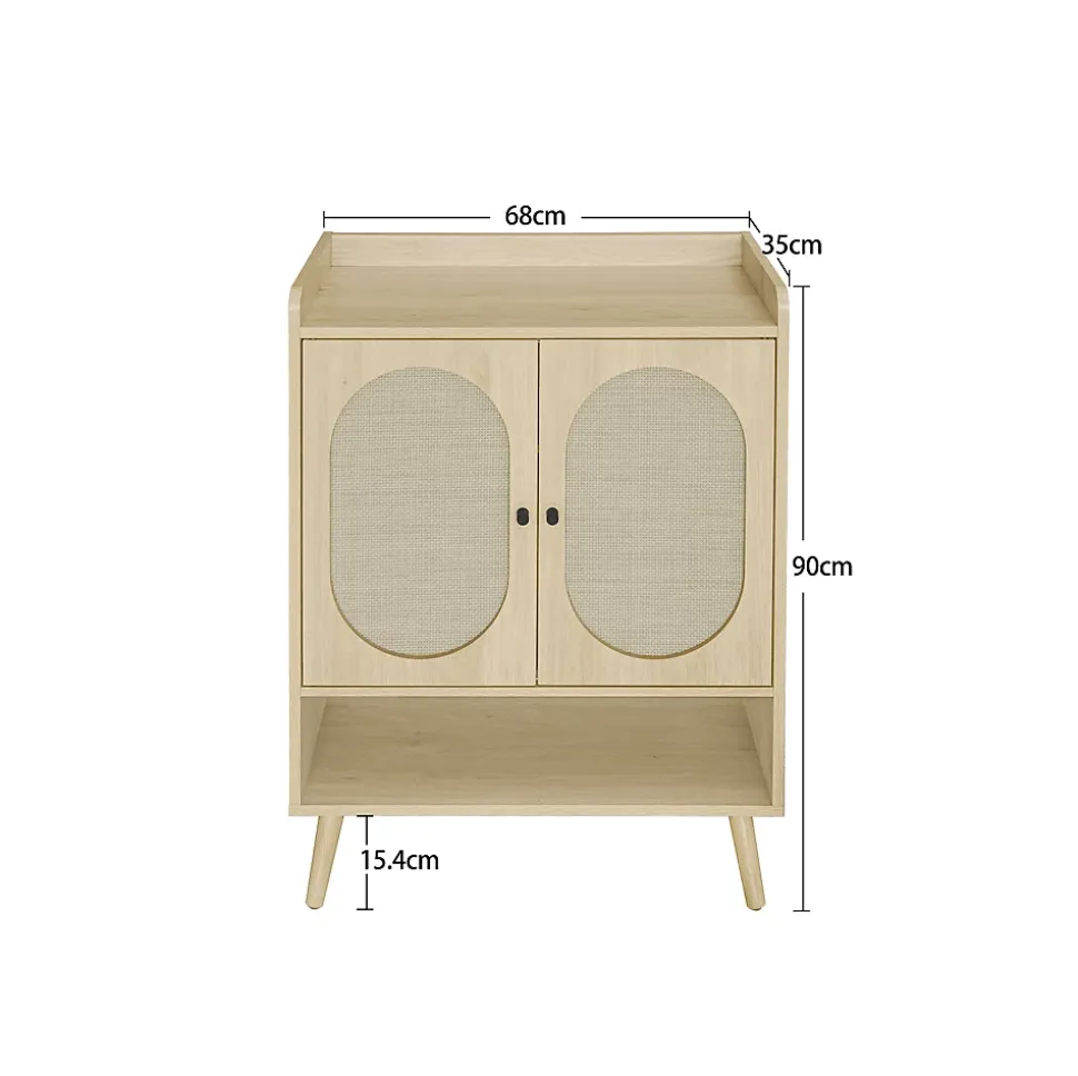 Meuble à chaussures à deux portes, aspect bois naturel et rotin tressé, rangement pratique pour entrée et couloir