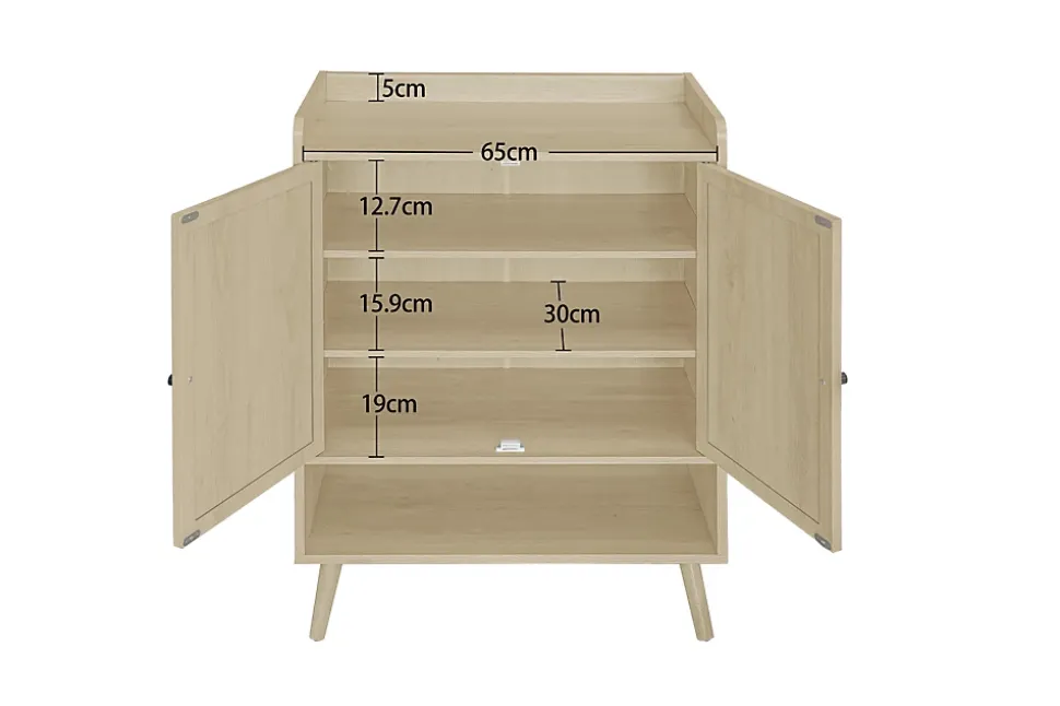 Meuble à chaussures à deux portes, aspect bois naturel et rotin tressé, rangement pratique pour entrée et couloir