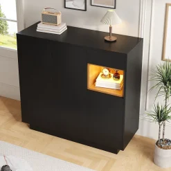 Meuble à Chaussures - Meuble entrée avec 16 Couleurs LED et Tiroirs Ajustables - Bois et Métal, Noir, 105x39,5x100,5 cm