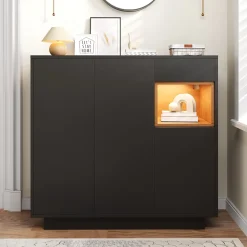 Meuble à Chaussures - Meuble entrée avec 16 Couleurs LED et Tiroirs Ajustables - Bois et Métal, Noir, 105x39,5x100,5 cm