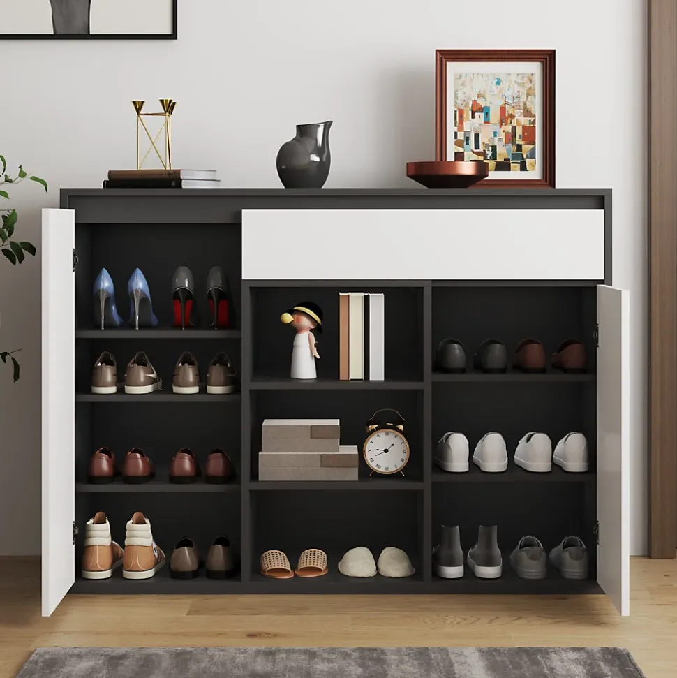 Meuble à Chaussures - Meuble entrée avec Étagères Ajustables et Grande Capacité - Noir et Blanc - 105x39,5x86 cm
