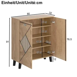 Meuble à Chaussures - Meuble d'entrée avec Motif en Rotin et Portes Fermées, Structure PB et Étagères Internes, 80x31x91 cm - Bois