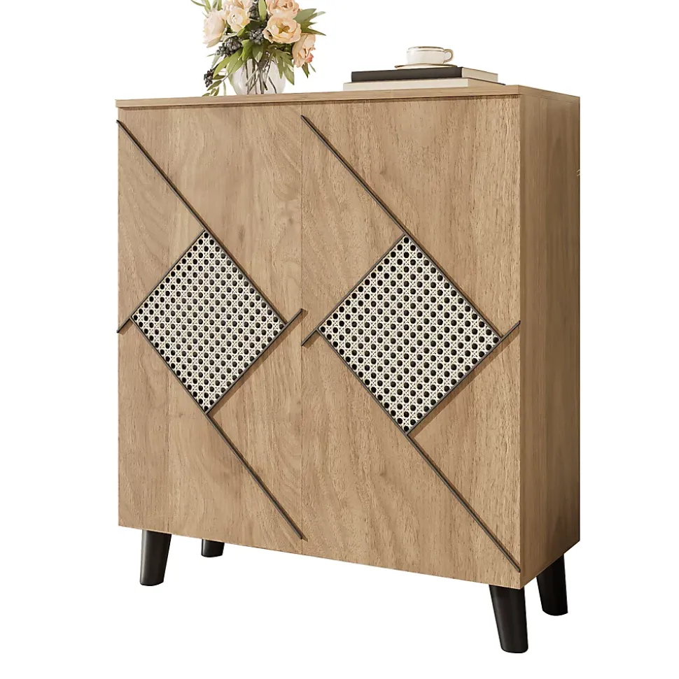 Meuble à Chaussures - Meuble d'entrée avec Motif en Rotin et Portes Fermées, Structure PB et Étagères Internes, 80x31x91 cm - Bois