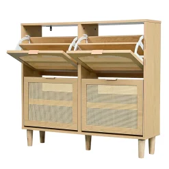 Meuble à Chaussures - Meuble d'entrée avec 4 Tiroirs Pliants et Rangement Compact - en Rotin et Bois - Naturel - 100x90x25 cm