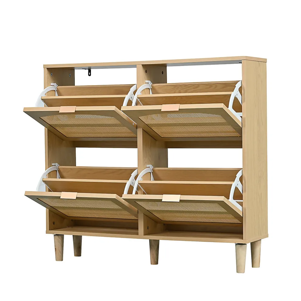 Meuble à Chaussures - Meuble d'entrée avec 4 Tiroirs Pliants et Rangement Compact - en Rotin et Bois - Naturel - 100x90x25 cm