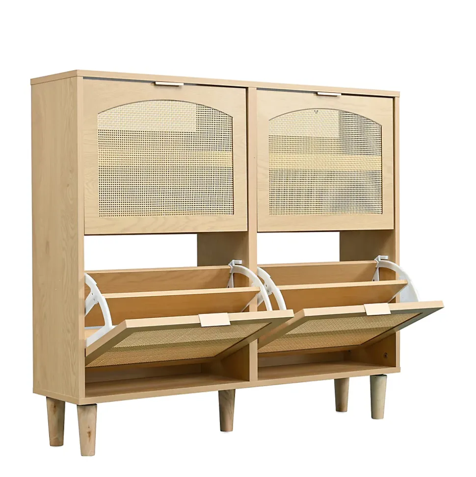 Meuble à Chaussures - Meuble d'entrée avec 4 Tiroirs Pliants et Rangement Compact - en Rotin et Bois - Naturel - 100x90x25 cm
