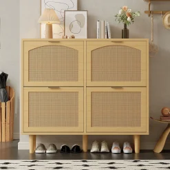 Meuble à Chaussures - Meuble d'entrée avec 4 Tiroirs Pliants et Rangement Compact - en Rotin et Bois - Naturel - 100x90x25 cm