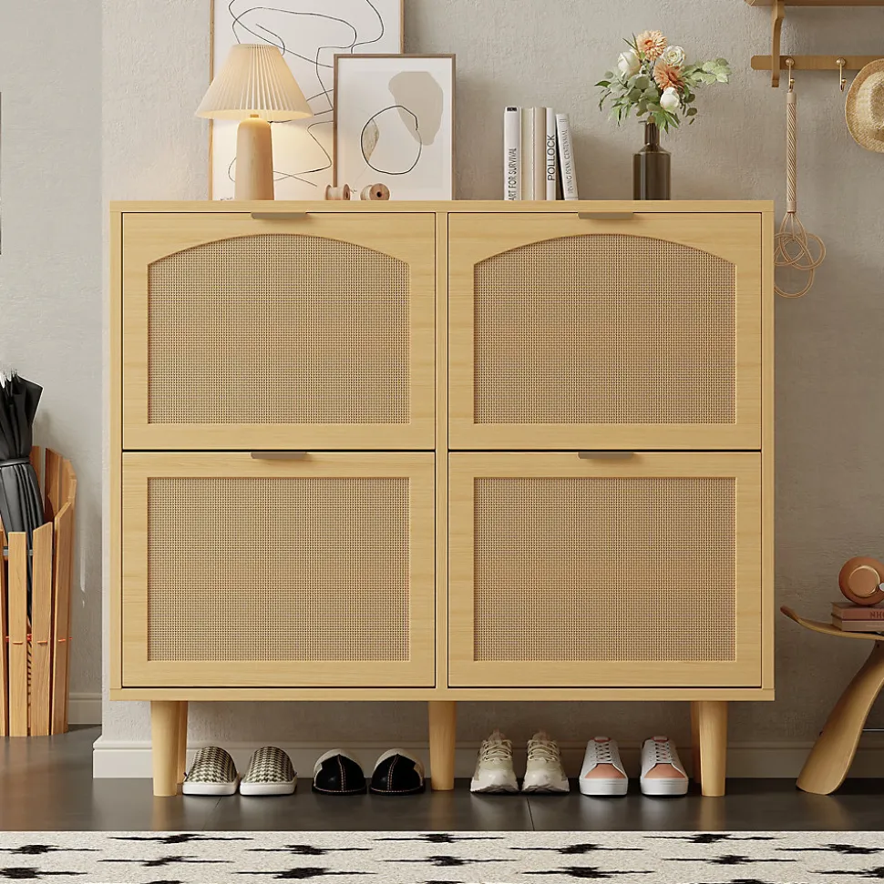 Meuble à Chaussures - Meuble d'entrée avec 4 Tiroirs Pliants et Rangement Compact - en Rotin et Bois - Naturel - 100x90x25 cm