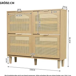 Meuble à Chaussures - Meuble d'entrée avec 4 Tiroirs Pliants et Rangement Compact - en Rotin et Bois - Naturel - 100x90x25 cm