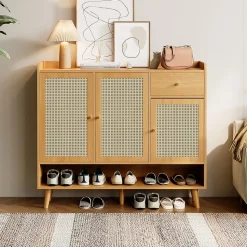 Meuble à Chaussures - Meuble D'entrée avec 3 Portes, 1 Tiroir et 5 Étagères, Pratique et Polyvalent - 120x35x106 cm - Naturel