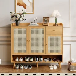 Meuble à Chaussures - Meuble D'entrée avec 3 Portes, 1 Tiroir et 5 Étagères, Pratique et Polyvalent - 120x35x106 cm - Naturel