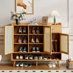 Meuble à Chaussures - Meuble D'entrée avec 3 Portes, 1 Tiroir et 5 Étagères, Pratique et Polyvalent - 120x35x106 cm - Naturel