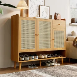 Meuble à Chaussures - Meuble D'entrée avec 3 Portes, 1 Tiroir et 5 Étagères, Pratique et Polyvalent - 120x35x106 cm - Naturel