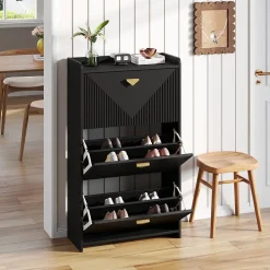 Meuble à Chaussures - Meuble d'entrée avec 3 Abattants et Étagères Réglables - en MDF - Noir
