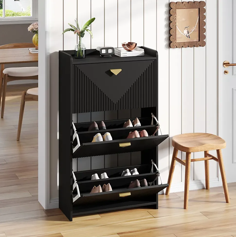 Meuble à Chaussures - Meuble d'entrée avec 3 Abattants et Étagères Réglables - en MDF - Noir