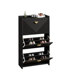 Meuble à Chaussures - Meuble d'entrée avec 3 Abattants et Étagères Réglables - en MDF - Noir