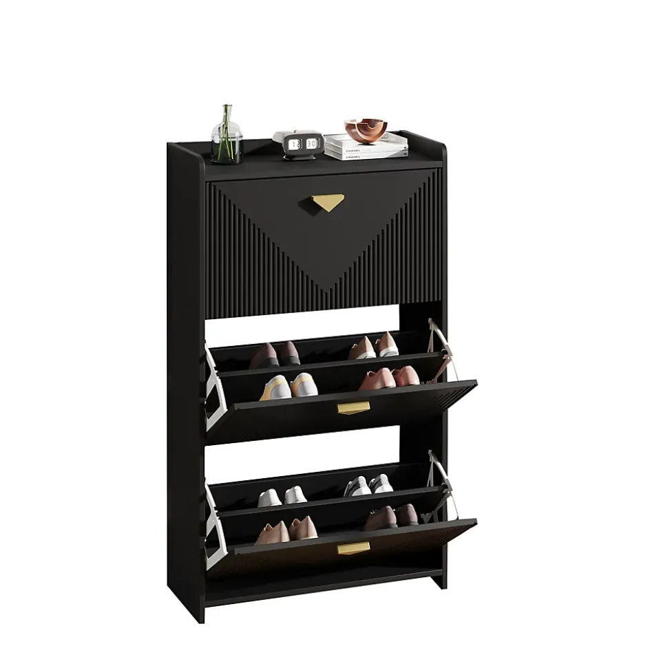 Meuble à Chaussures - Meuble d'entrée avec 3 Abattants et Étagères Réglables - en MDF - Noir