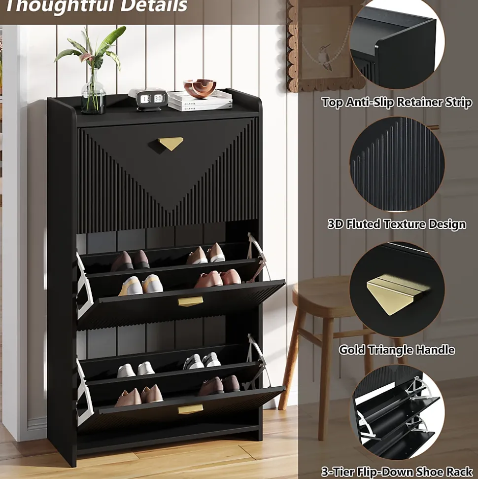 Meuble à Chaussures - Meuble d'entrée avec 3 Abattants et Étagères Réglables - en MDF - Noir