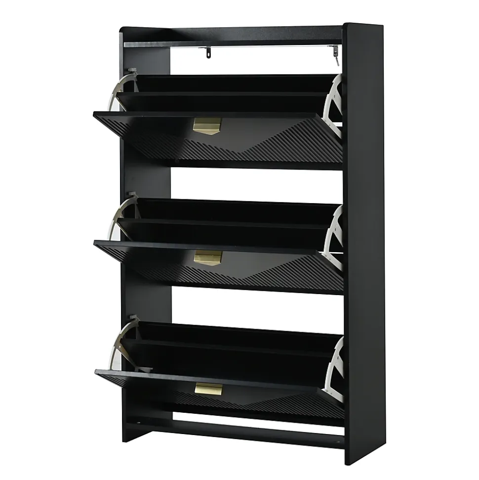 Meuble à Chaussures - Meuble d'entrée avec 3 Abattants et Étagères Réglables - en MDF - Noir