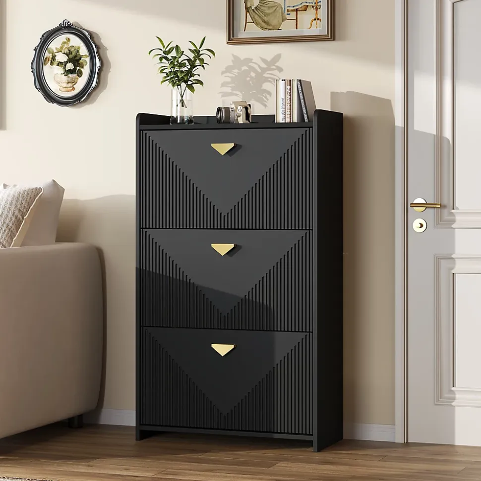 Meuble à Chaussures - Meuble d'entrée avec 3 Abattants et Étagères Réglables - en MDF - Noir