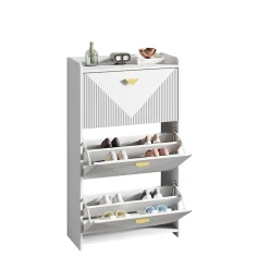 Meuble à Chaussures - Meuble d'entrée avec 3 Abattants et Étagères Réglables - en MDF - Blanc