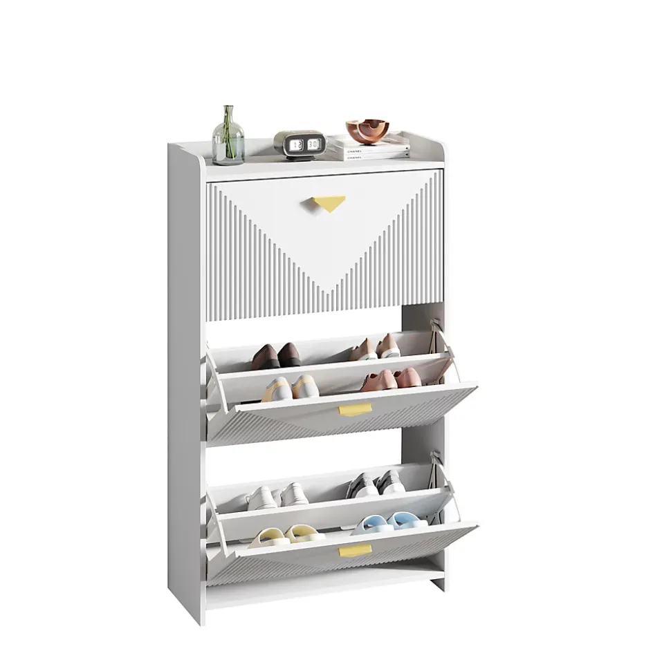 Meuble à Chaussures - Meuble d'entrée avec 3 Abattants et Étagères Réglables - en MDF - Blanc