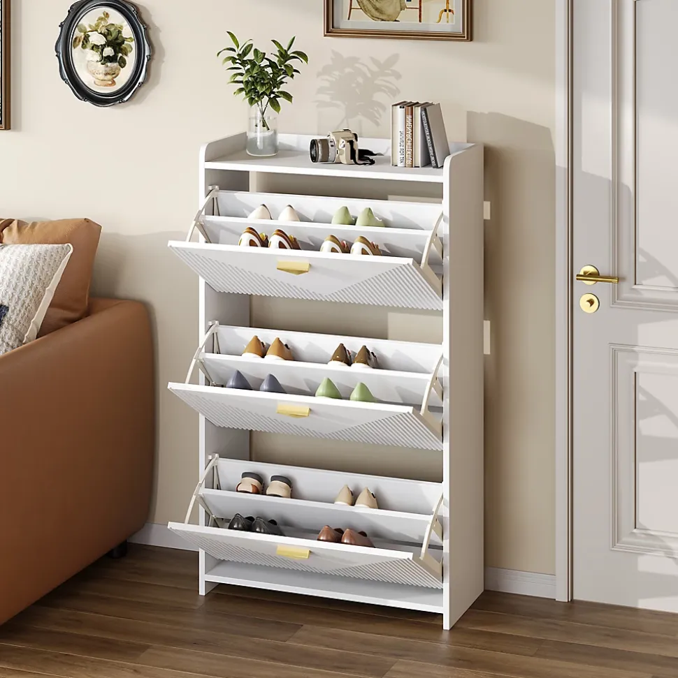 Meuble à Chaussures - Meuble d'entrée avec 3 Abattants et Étagères Réglables - en MDF - Blanc