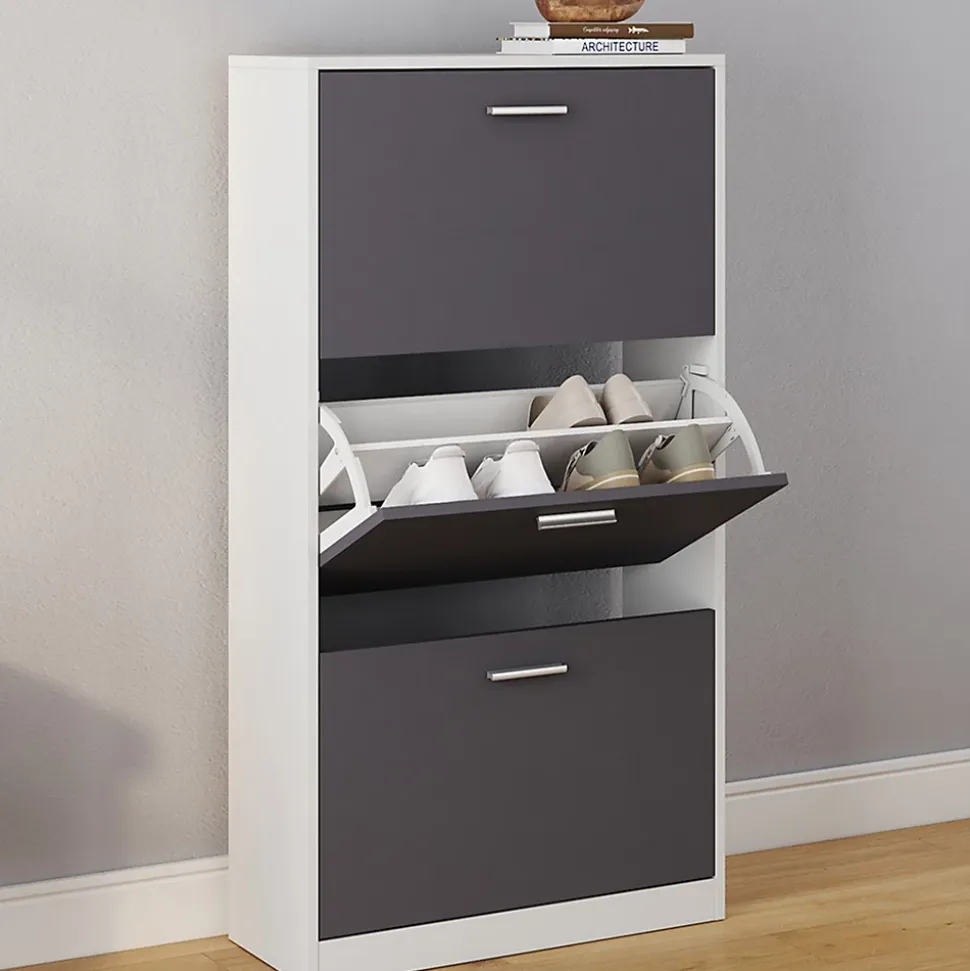 Meuble à chaussures 18 paires KLARK blanc 3 portes grises