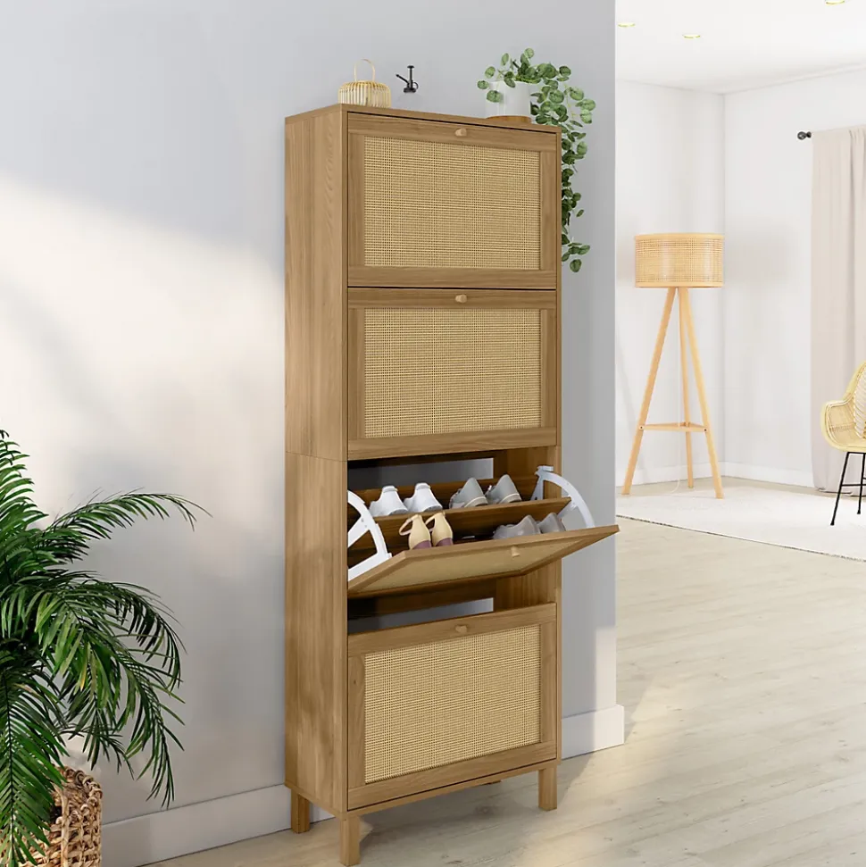 Meuble à chaussures 24 paires HANAE 4 portes effet naturel cannage