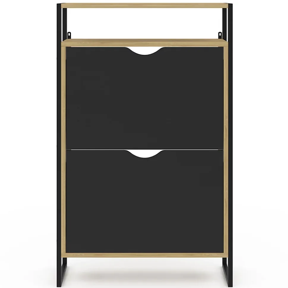 Meuble à chaussures 12 paires BOSTON 2 portes noires avec étagère supérieure design industriel