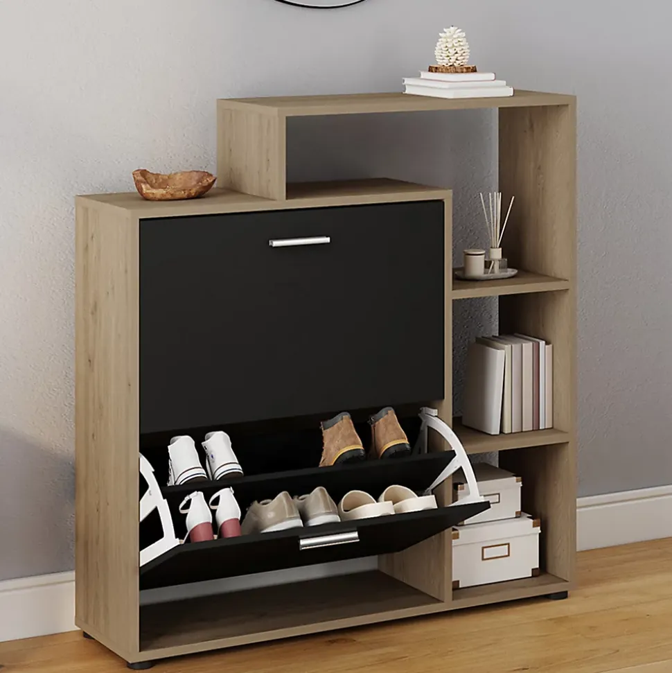 Meuble à chaussures 12 paires KLARK imitation hêtre 2 portes noires avec étagères