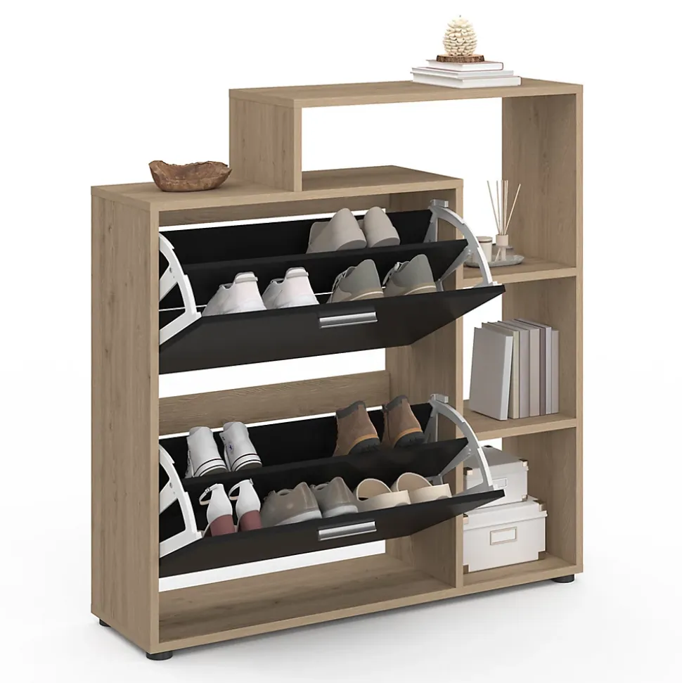 Meuble à chaussures 12 paires KLARK imitation hêtre 2 portes noires avec étagères