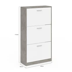 Meuble à chaussures 18 paires KLARK effet béton 3 portes blanches