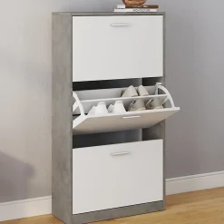 Meuble à chaussures 18 paires KLARK effet béton 3 portes blanches
