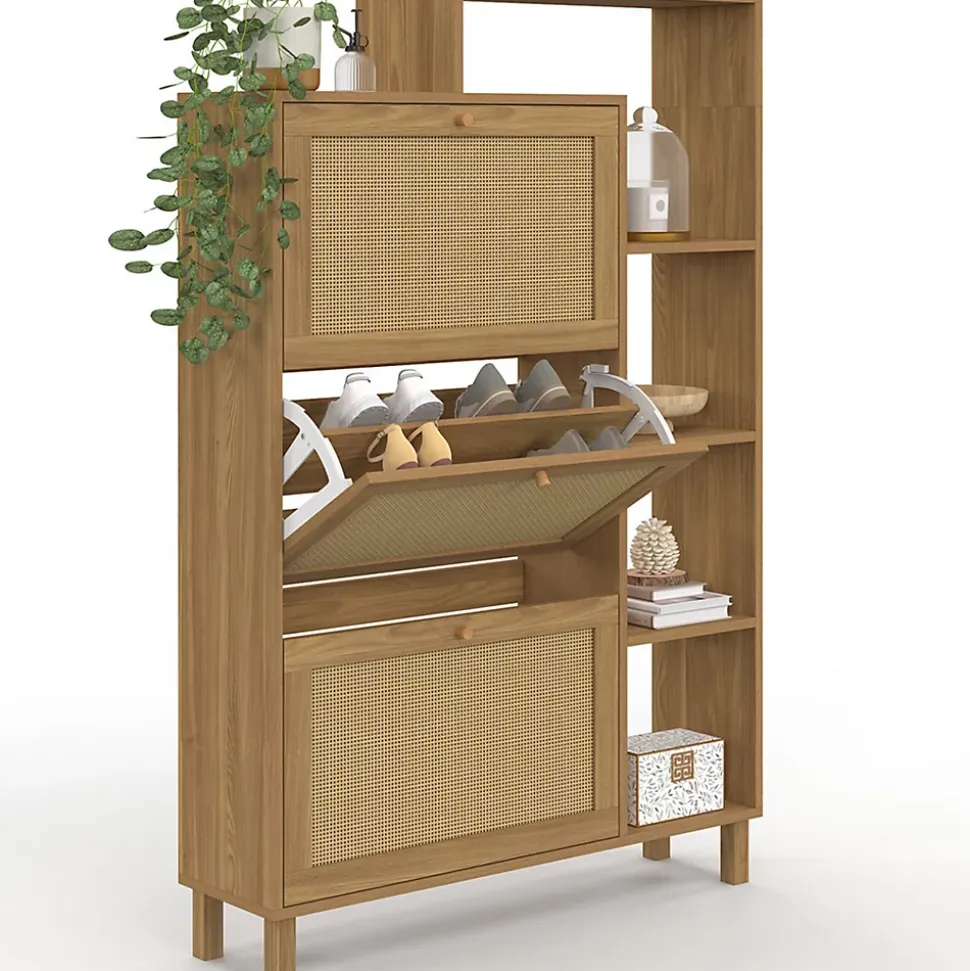 Meuble à chaussures 18 paires HANAE 3 portes effet naturel cannage avec étagère