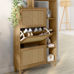 Meuble à chaussures 18 paires HANAE 3 portes effet naturel cannage avec étagère