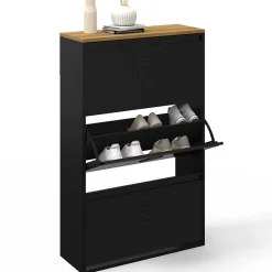 Meuble à chaussures 18 paires maxi capacité ESTER 3 portes métal noir et plateau façon hêtre design industriel