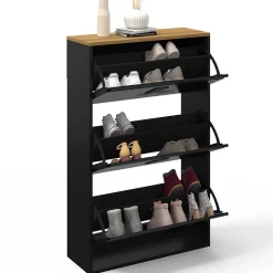 Meuble à chaussures 18 paires maxi capacité ESTER 3 portes métal noir et plateau façon hêtre design industriel