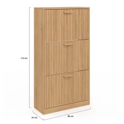 Meuble à chaussures 18 paires JULIETTE 3 portes lattes tasseau bois coloris chêne