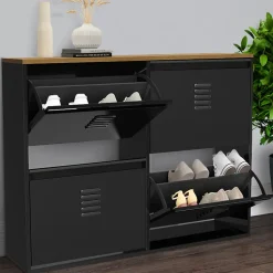 Meuble à chaussures 20 paires ESTER 4 portes métal noir et plateau façon hêtre design industriel