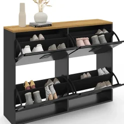 Meuble à chaussures 20 paires ESTER 4 portes métal noir et plateau façon hêtre design industriel