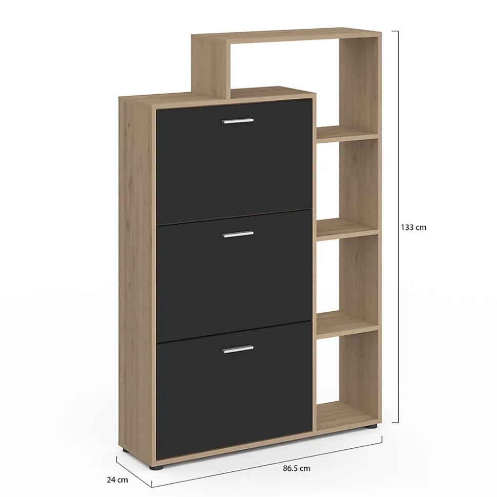 Meuble à chaussures 18 paires KLARK imitation hêtre 3 portes noires avec étagère