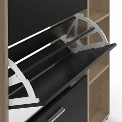 Meuble à chaussures 18 paires KLARK imitation hêtre 3 portes noires avec étagère