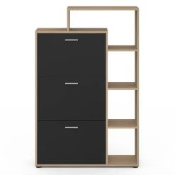Meuble à chaussures 18 paires KLARK imitation hêtre 3 portes noires avec étagère