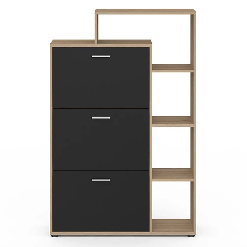 Meuble à chaussures 18 paires KLARK imitation hêtre 3 portes noires avec étagère